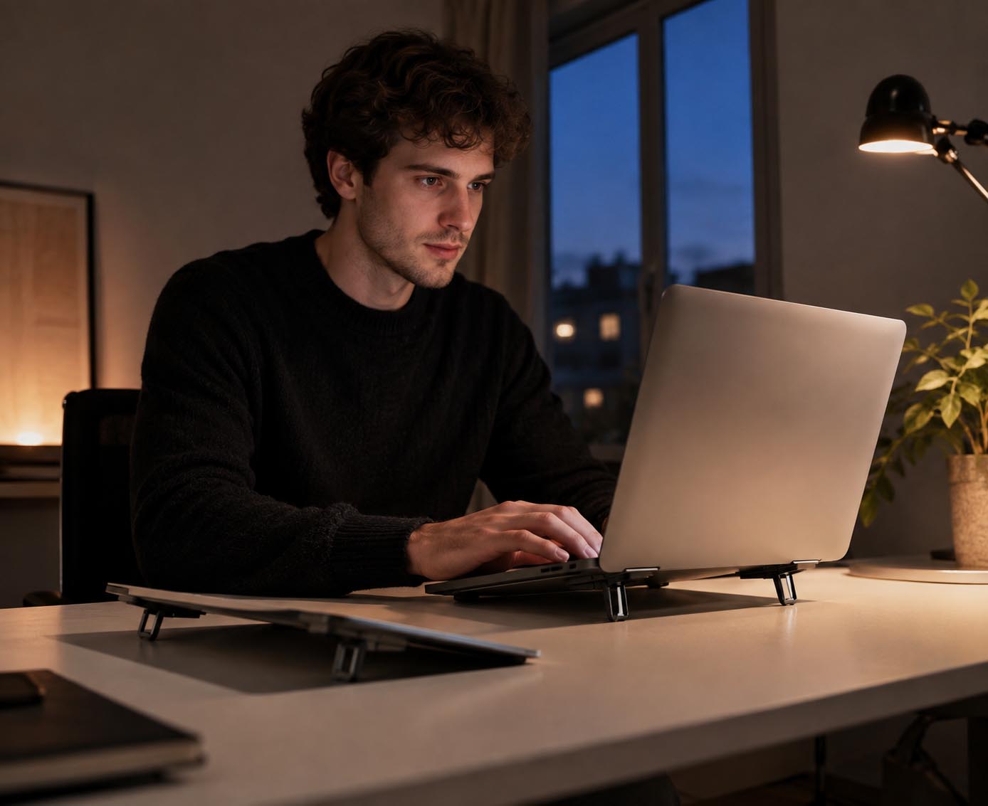 Kevin working with a laptop raised to an ergonomic angle