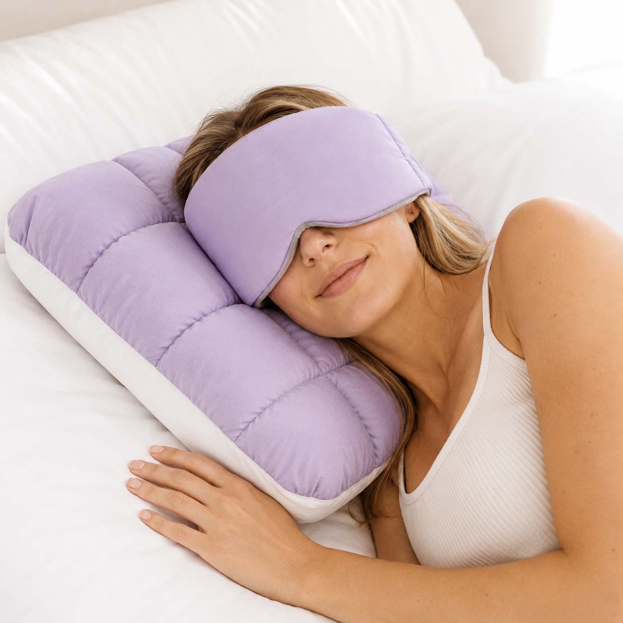 Customer using the cooling pillow and weighted eye mask