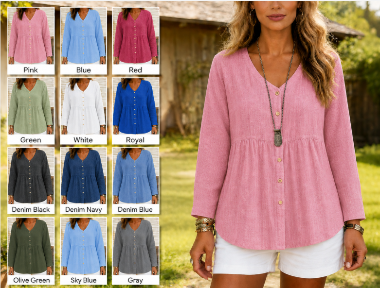 Serene V-Neck Artisan Linen Blouse